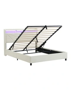 Homfurn Double Size Gas Lift Bed Frame with LED Lights and Charging Station, Modern Double Size Upholstery Bed Storage Headboard