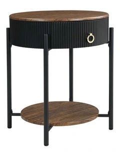 Round End Table With Drawer And Storage Shelf in Rustic Brown