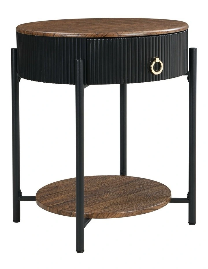 Round End Table With Drawer And Storage Shelf in Rustic Brown image 1