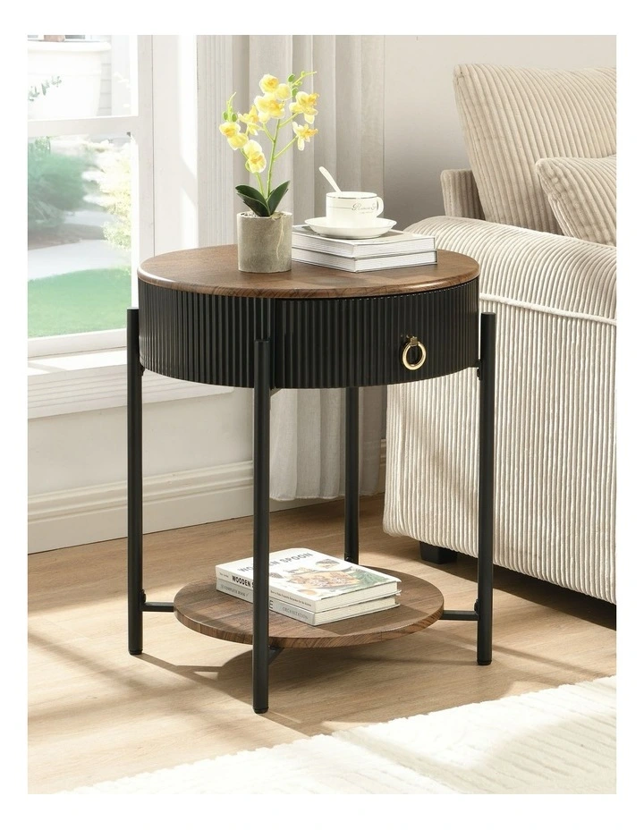 Round End Table With Drawer And Storage Shelf in Rustic Brown image 2