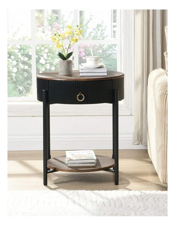 Round End Table With Drawer And Storage Shelf in Rustic Brown image 3