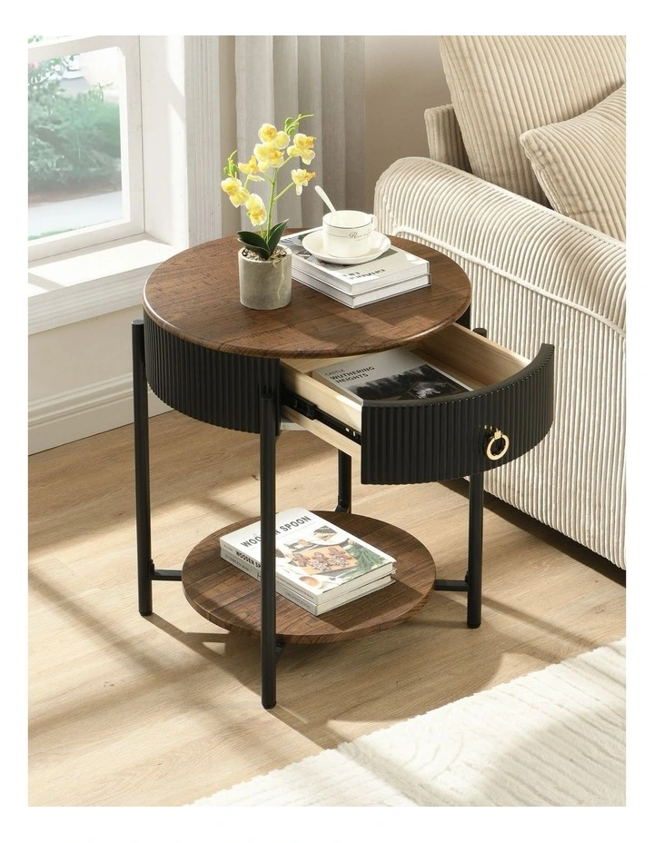 Round End Table With Drawer And Storage Shelf in Rustic Brown image 4