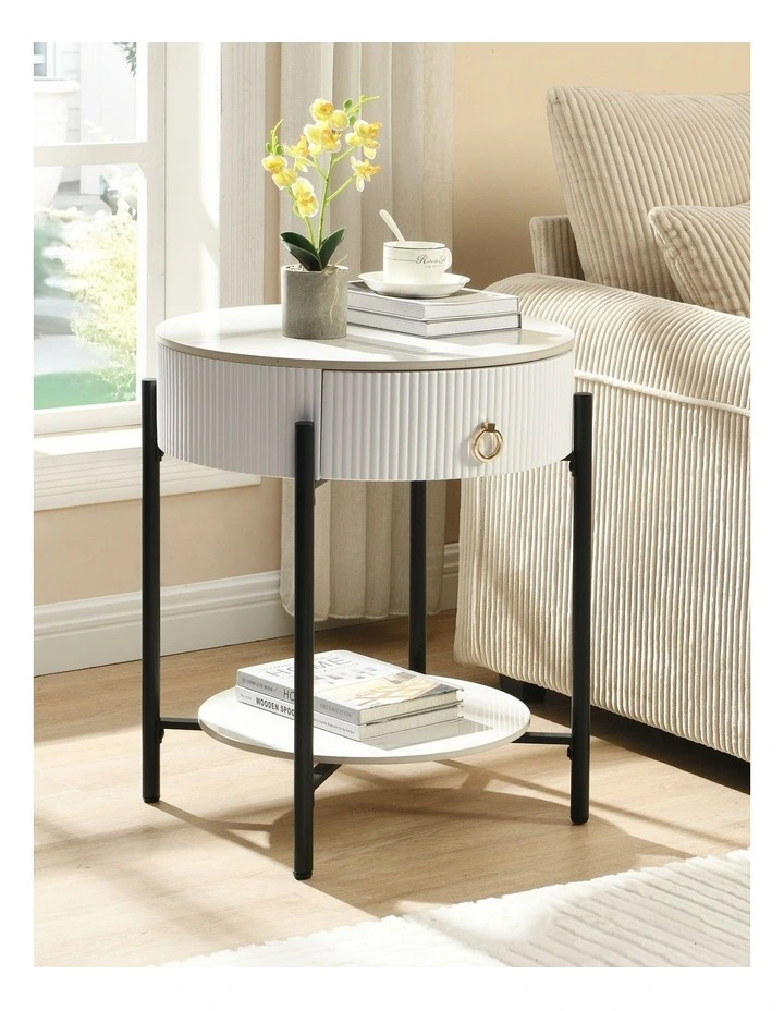 Round Sintered Stone End Table in White image 2