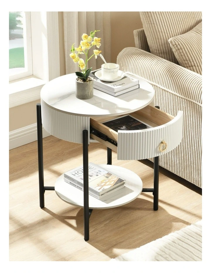 Round Sintered Stone End Table in White image 3