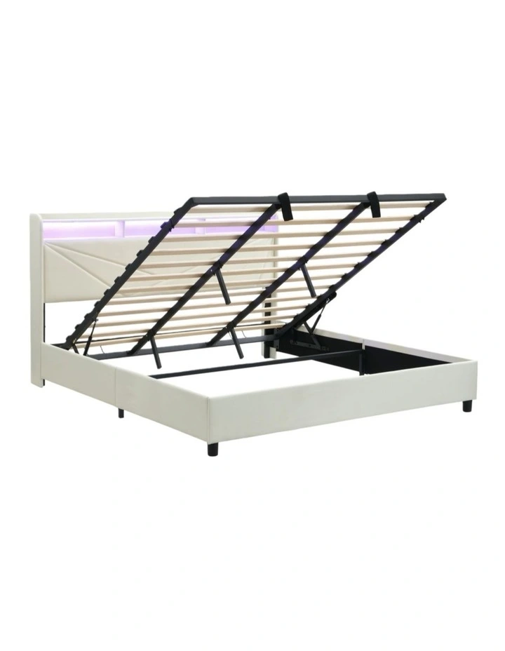 Homfurn King Size Gas Lift Bed Frame with LED Lights and Charging Station, Modern King Size Upholstery Bed Storage Headboard image 1