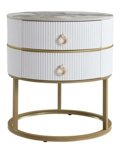 Round Nightstand with 2 Drawers, Modern Bedside Table in White