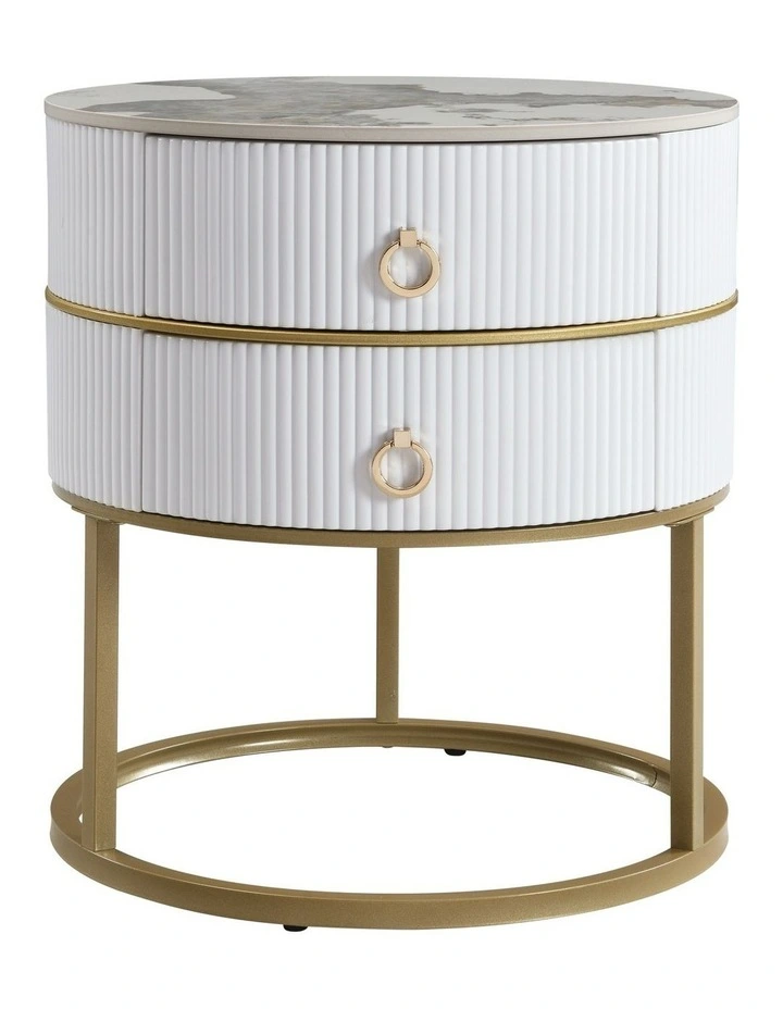 Round Nightstand with 2 Drawers, Modern Bedside Table in White image 1