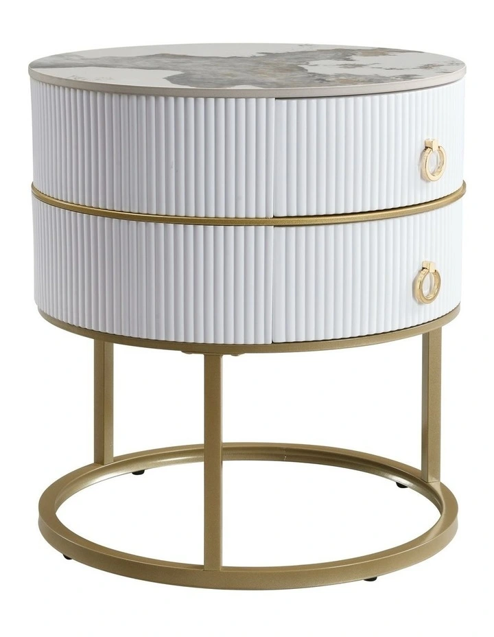 Round Nightstand with 2 Drawers, Modern Bedside Table in White image 2