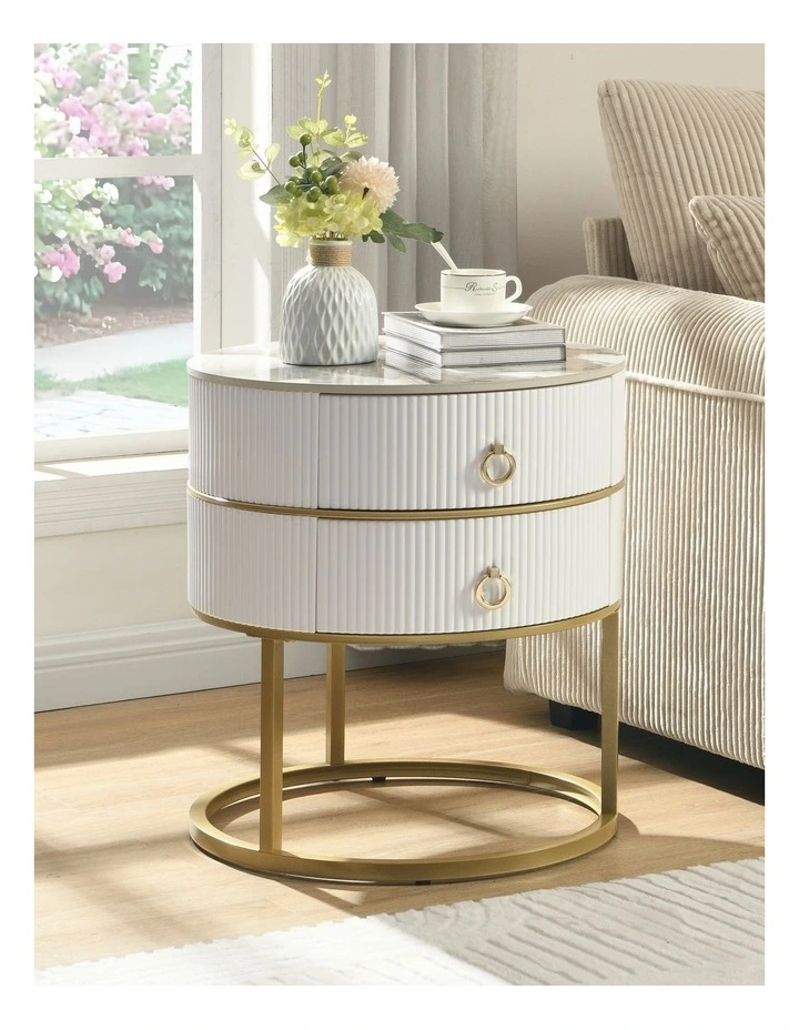 Round Nightstand with 2 Drawers, Modern Bedside Table in White image 3
