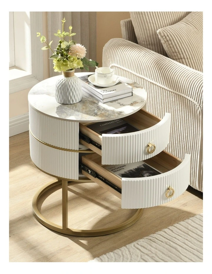 Round Nightstand with 2 Drawers, Modern Bedside Table in White image 4