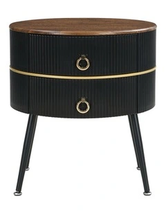 Wood Grain MDF Top Round Nightstand with 2 Drawers Table in Black