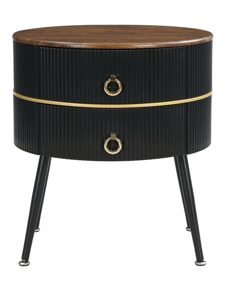 Wood Grain MDF Top Round Nightstand with 2 Drawers Table in Black image 1