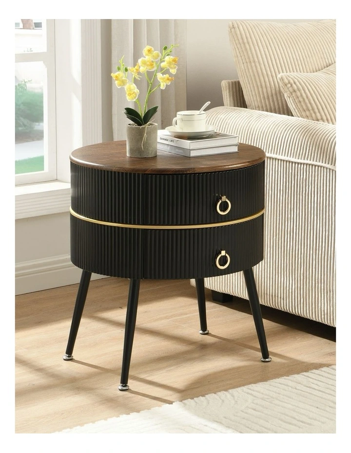 Wood Grain MDF Top Round Nightstand with 2 Drawers Table in Black image 2