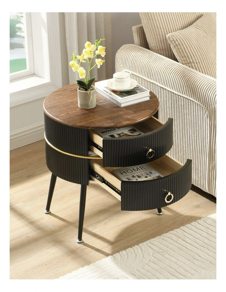 Wood Grain MDF Top Round Nightstand with 2 Drawers Table in Black image 3