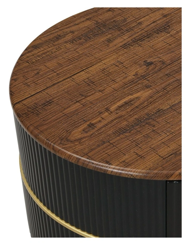 Wood Grain MDF Top Round Nightstand with 2 Drawers Table in Black image 4