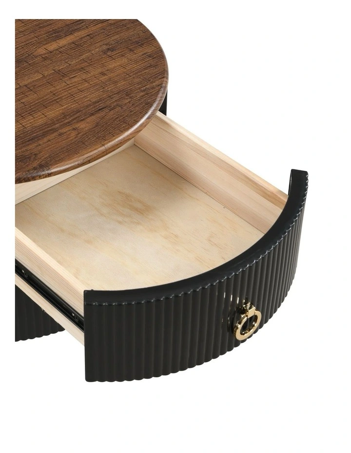 Wood Grain MDF Top Round Nightstand with 2 Drawers Table in Black image 5