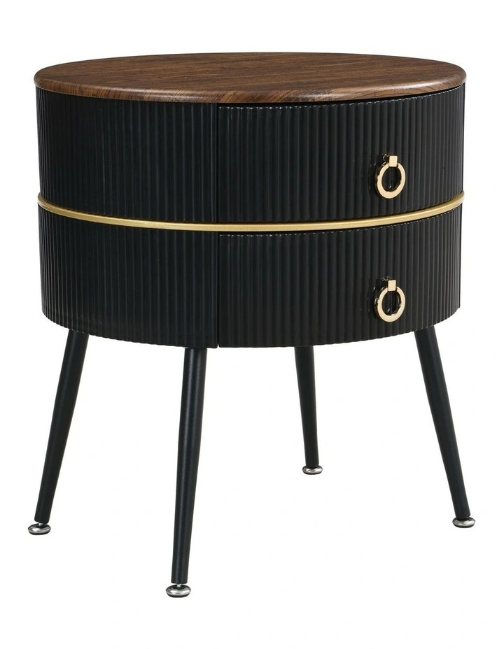 Wood Grain MDF Top Round Nightstand with 2 Drawers Table in Black image 6