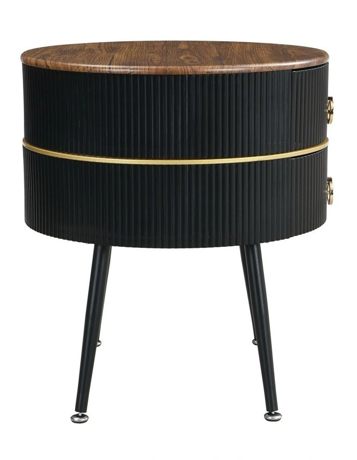 Wood Grain MDF Top Round Nightstand with 2 Drawers Table in Black image 7