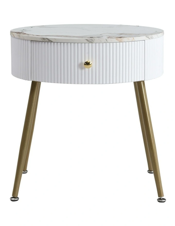Round Faux Marble End Drawer with Table in White image 1