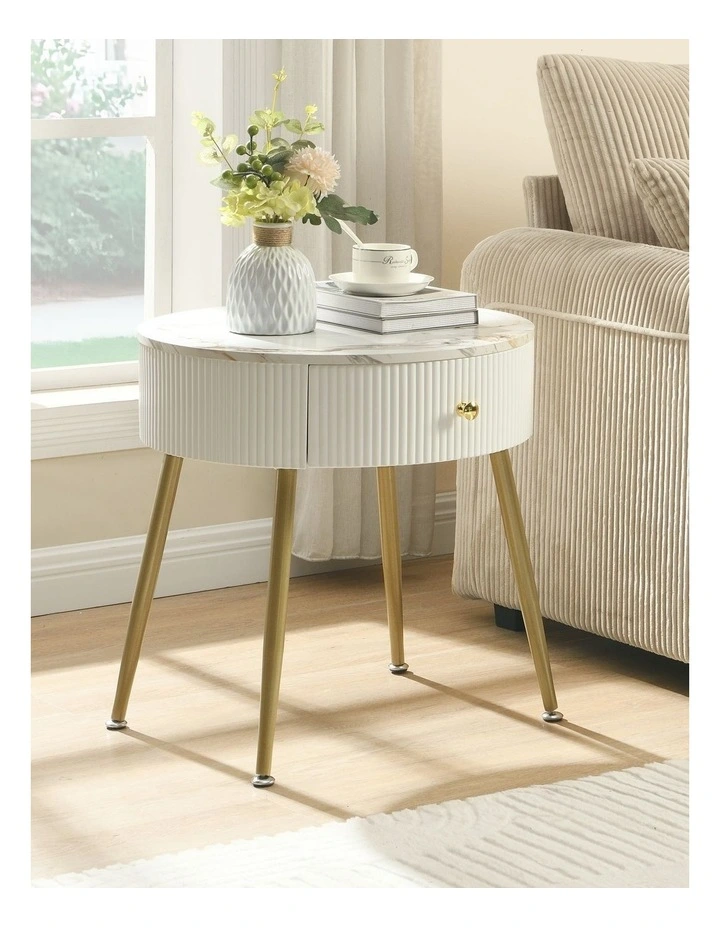 Round Faux Marble End Drawer with Table in White image 2
