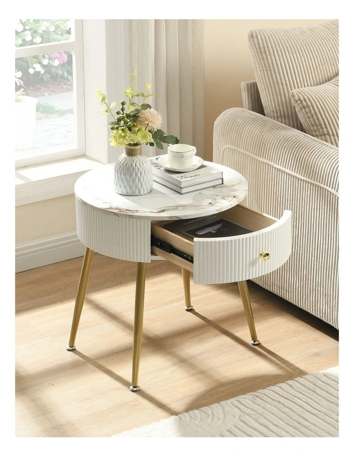 Round Faux Marble End Drawer with Table in White image 3