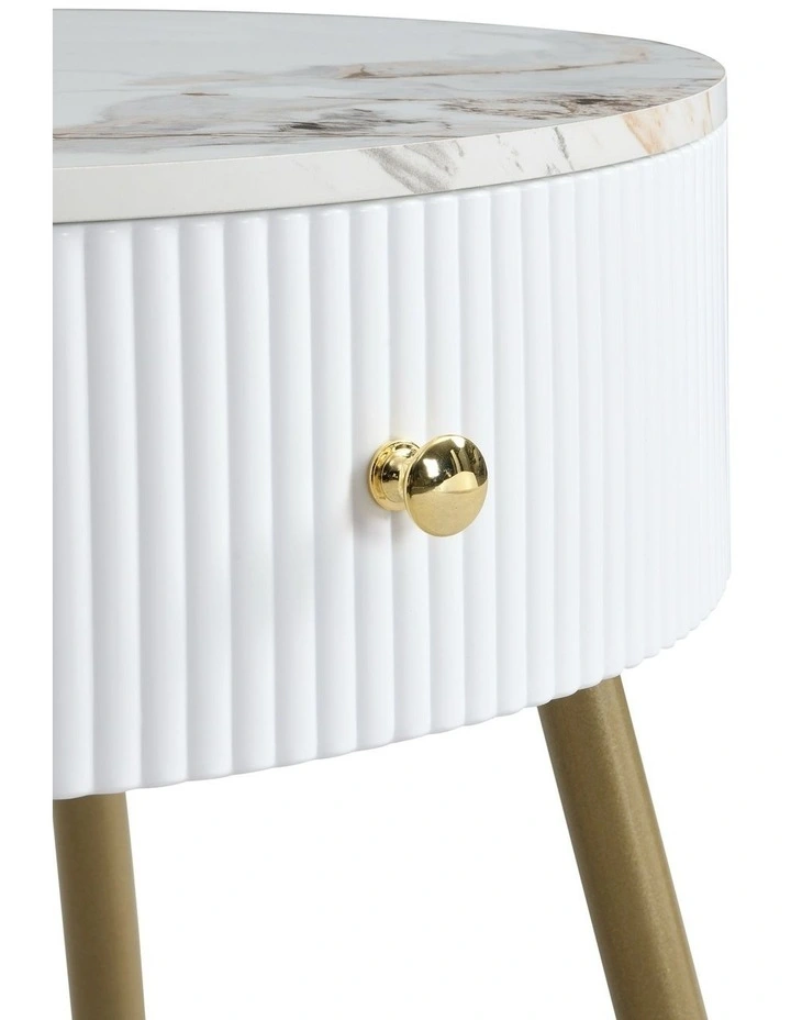 Round Faux Marble End Drawer with Table in White image 5