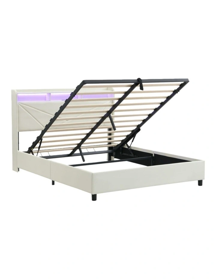 Homfurn Queen Size Gas Lift Bed Frame with LED Lights and Charging Station, Modern Queen Size Upholstery Bed Storage Headboard image 1