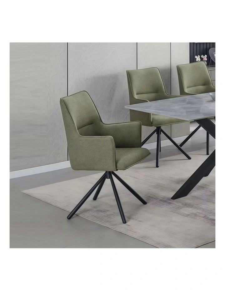 Linen Fabric Seat With Iron Legs Dining Chairs 2 Piece in Green image 2