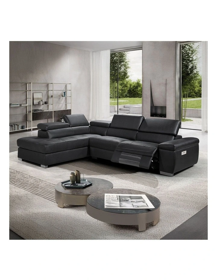 Genuine Leather Chaise Sofa Electric Recliner in Black image 2
