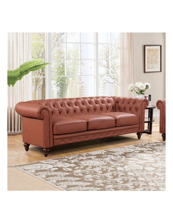 3R Faux Leather Chesterfield Sofa in Brown image 2