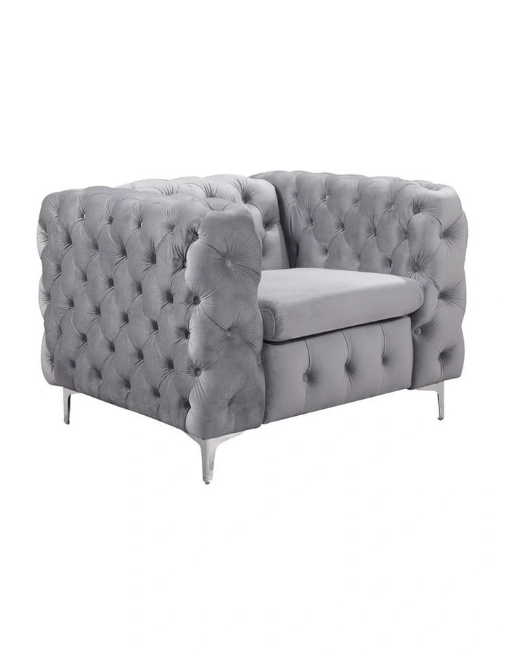 Velvet Fabric Tufted Sofa 1 Seater in Grey image 1