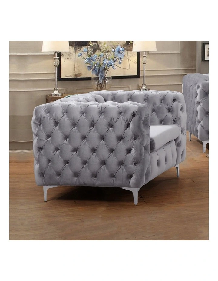 Velvet Fabric Tufted Sofa 1 Seater in Grey image 2