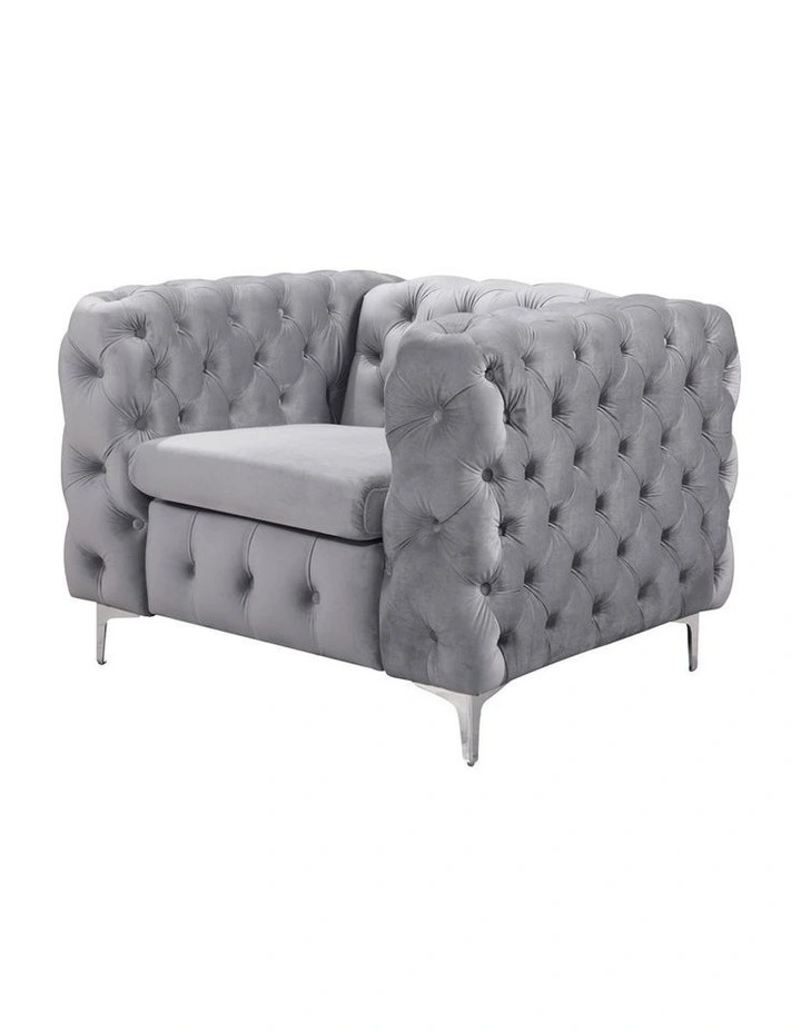 Velvet Fabric Tufted Sofa 1 Seater in Grey image 3