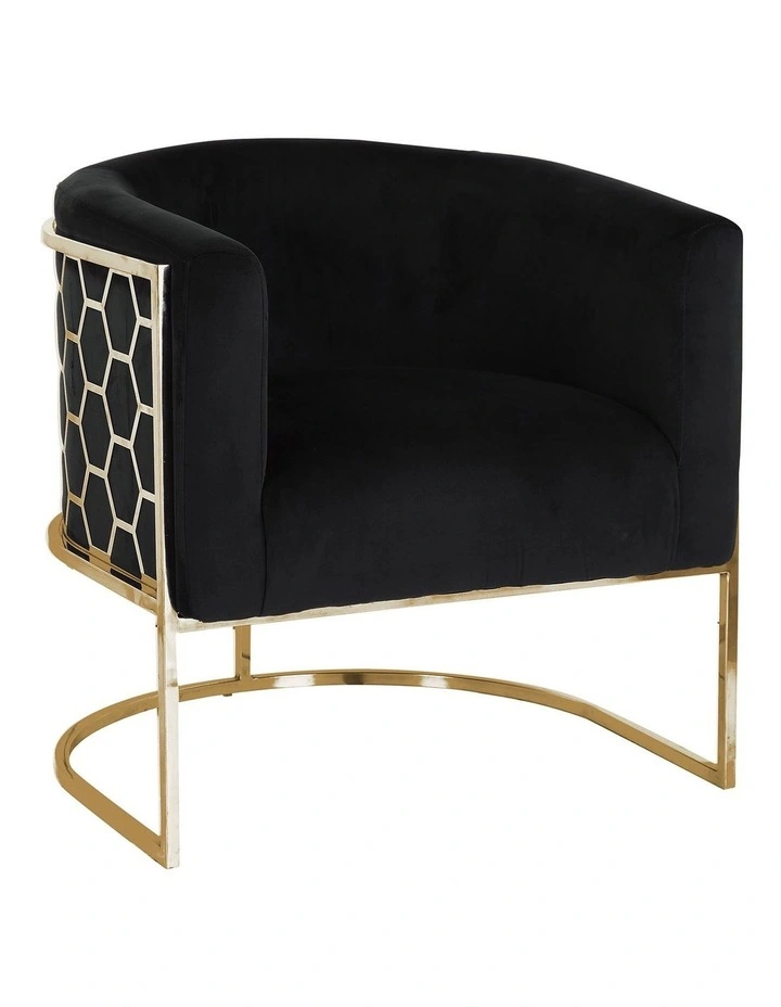 Velvet Fabric Golden Metal Base Arm Chair in Black image 1