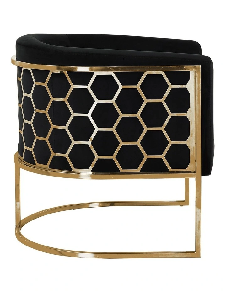 Velvet Fabric Golden Metal Base Arm Chair in Black image 5