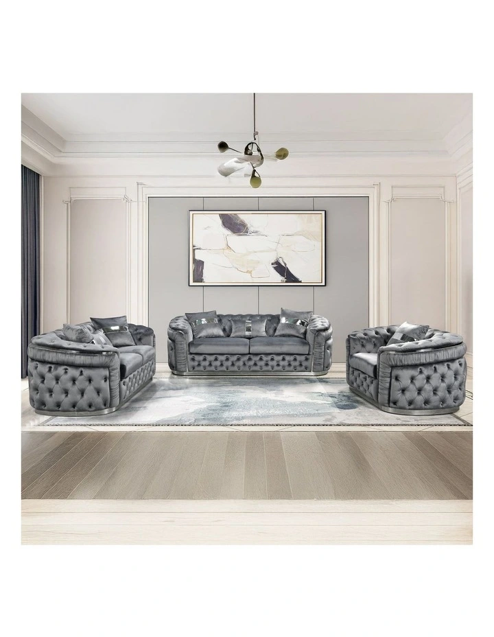 Velvet Fabric Sofa Set Seater 3+2+1 in Grey image 2