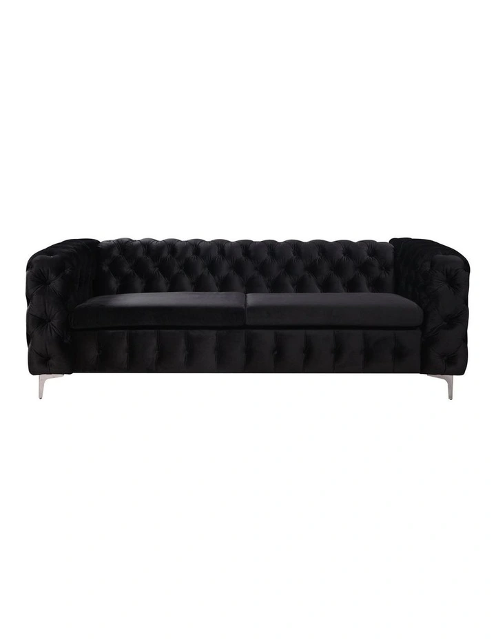 Tufted Velvet Fabric Sofa 3 Seater in Black image 1