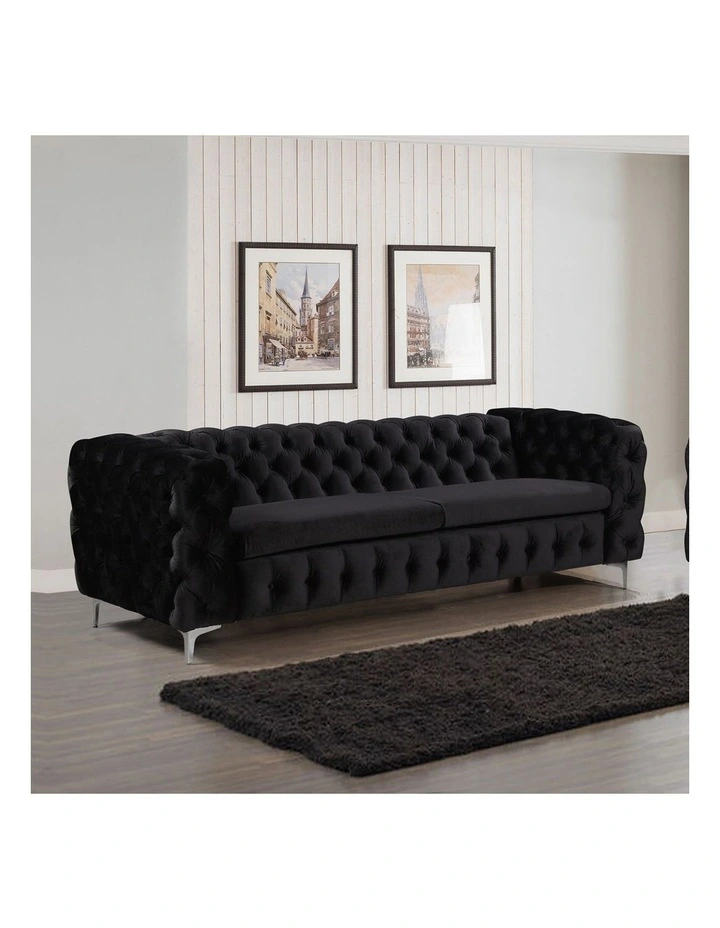 Tufted Velvet Fabric Sofa 3 Seater in Black image 2