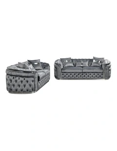 Velvet Fabric Solid Wood Construction 3 +2-Seater Sofa Set in Grey