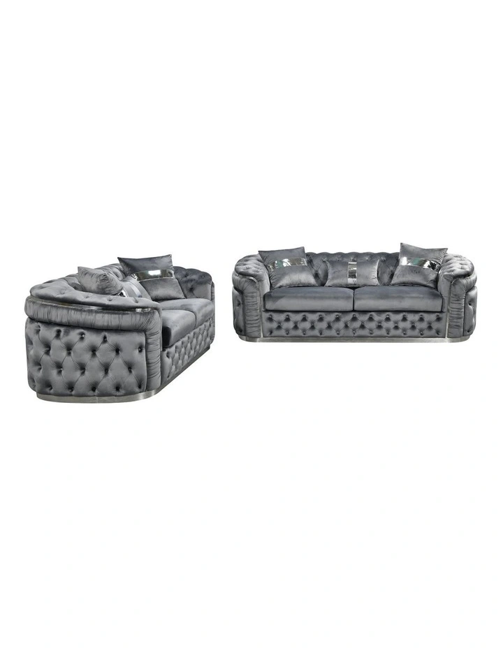 Velvet Fabric Solid Wood Construction 3 +2-Seater Sofa Set in Grey image 1