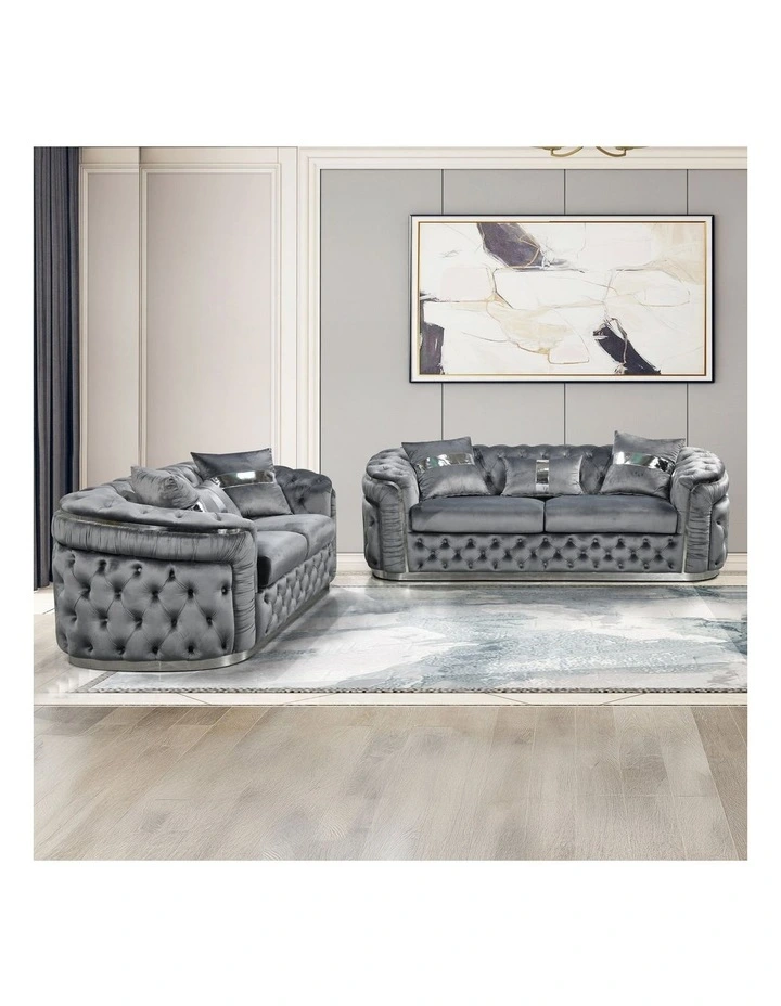 Velvet Fabric Solid Wood Construction 3 +2-Seater Sofa Set in Grey image 2