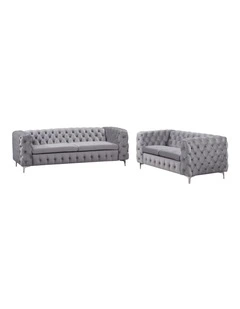 Velvet Fabric 3R+2R Sofa Tufted in Grey