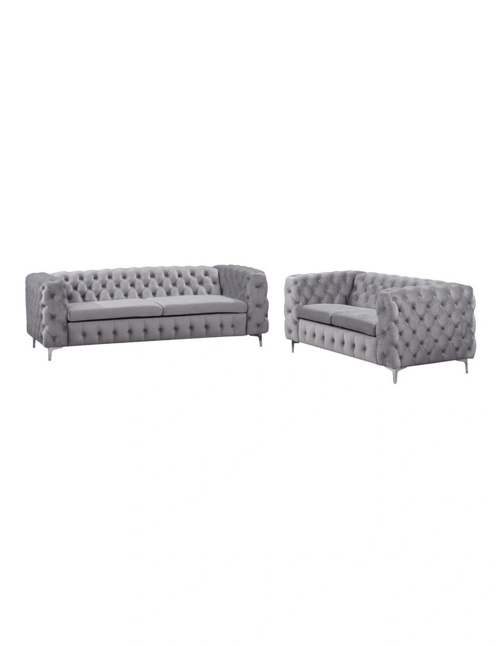 Velvet Fabric 3R+2R Sofa Tufted in Grey image 1