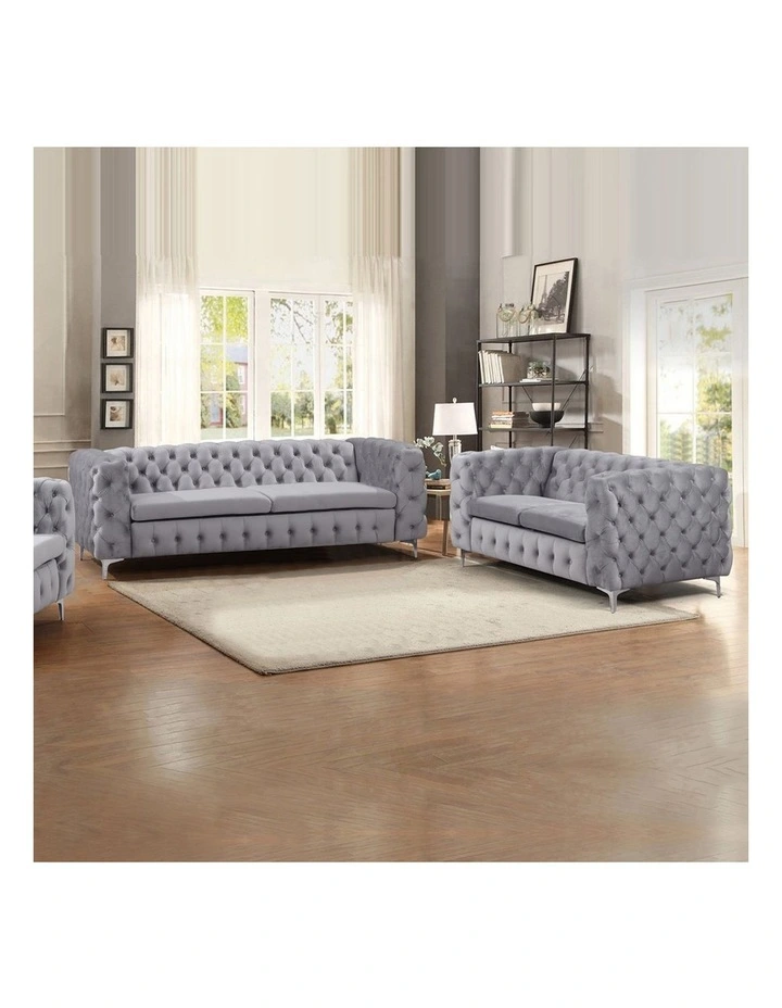 Velvet Fabric 3R+2R Sofa Tufted in Grey image 2