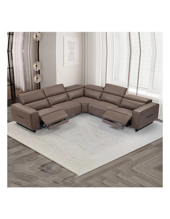 5 Seater Real Recliner Leather Corner Sofa in Brown image 2