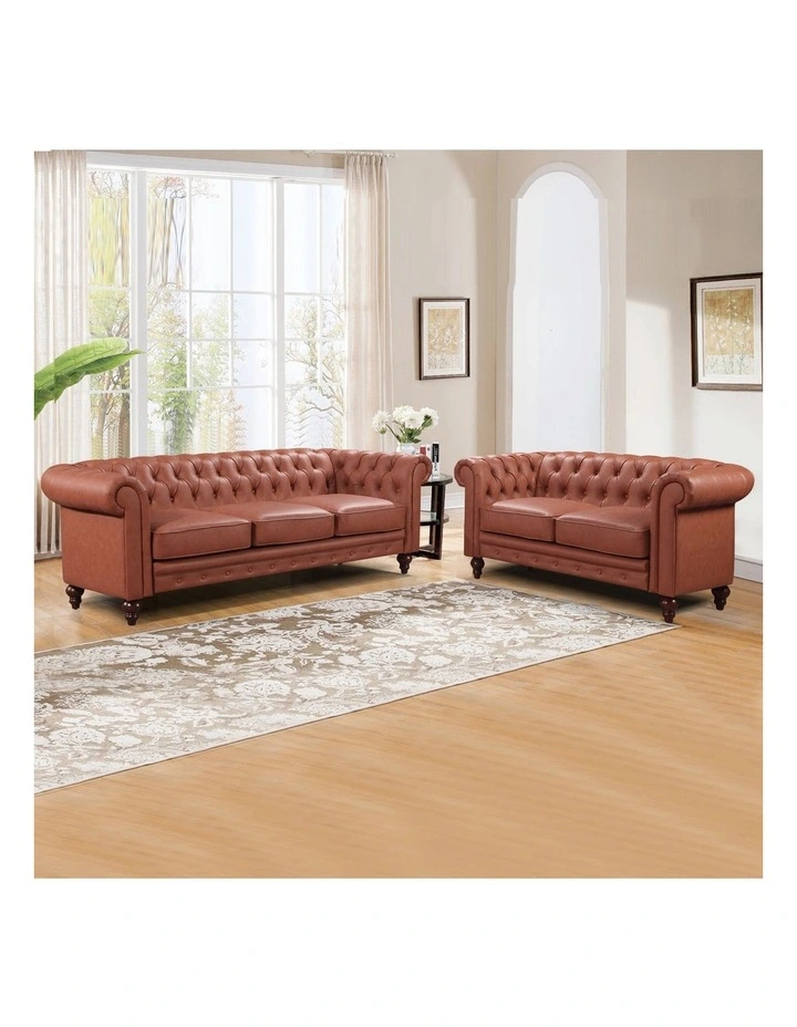3+2 Seater Chesterfield Faux Leather Sofa in Brown image 2