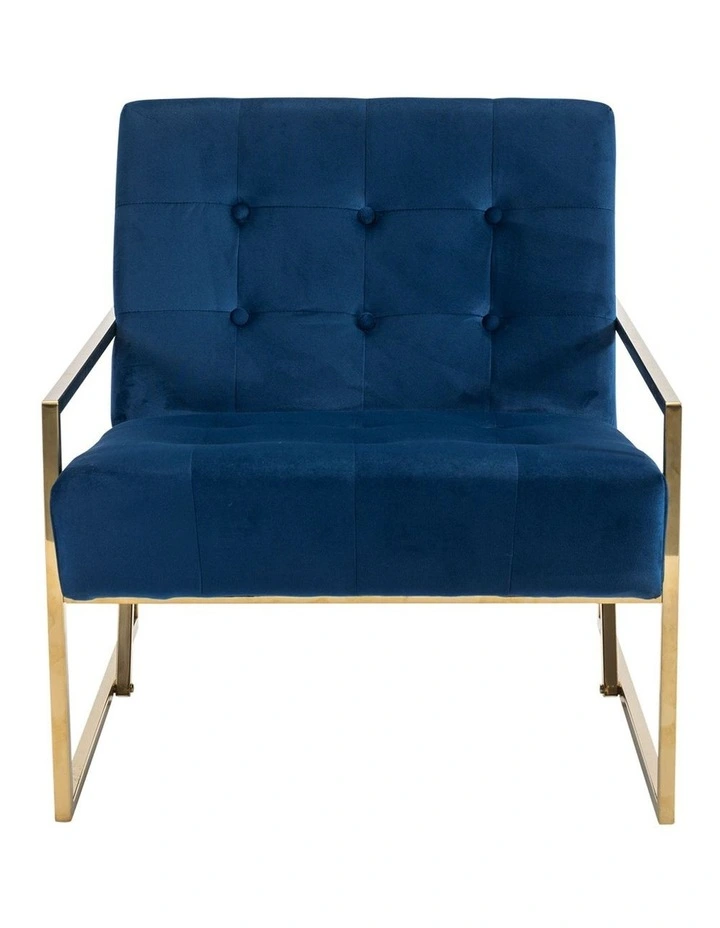 Velvet Fabric Golden Metal Base Arm Chair in Blue image 2