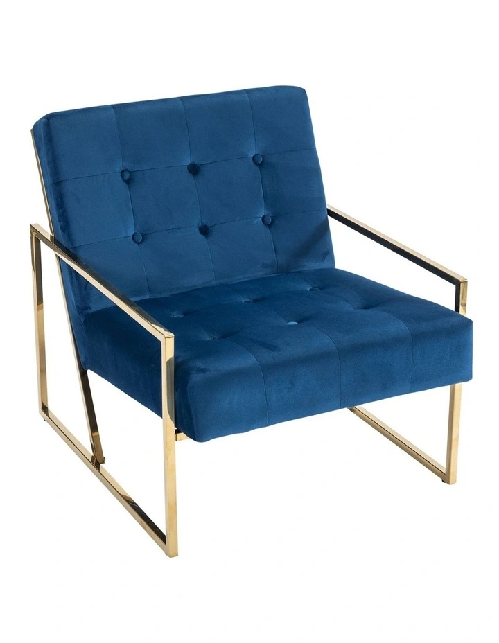 Velvet Fabric Golden Metal Base Arm Chair in Blue image 3