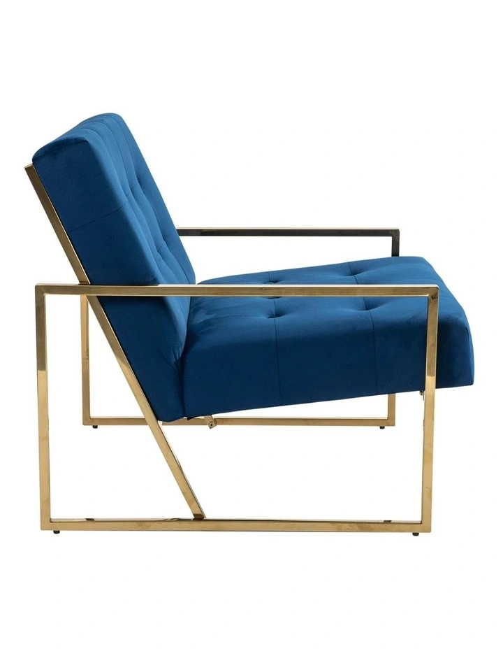 Velvet Fabric Golden Metal Base Arm Chair in Blue image 4