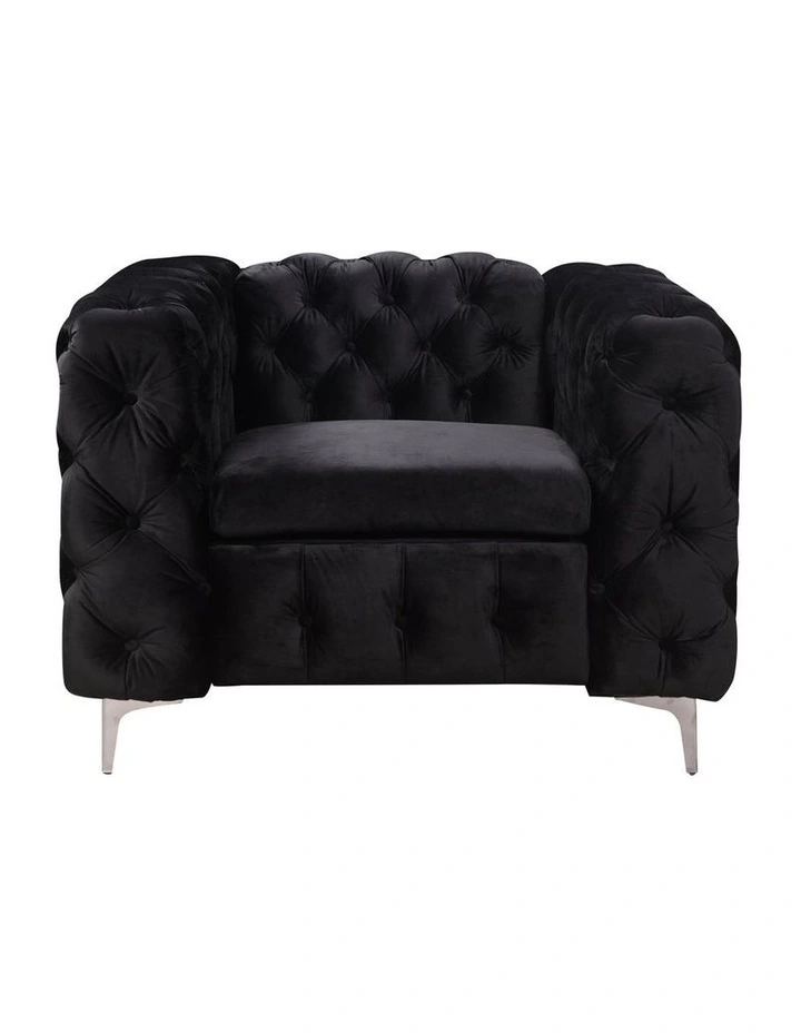 Tufted Velvet Fabric 1 Seater Sofa in Black image 1